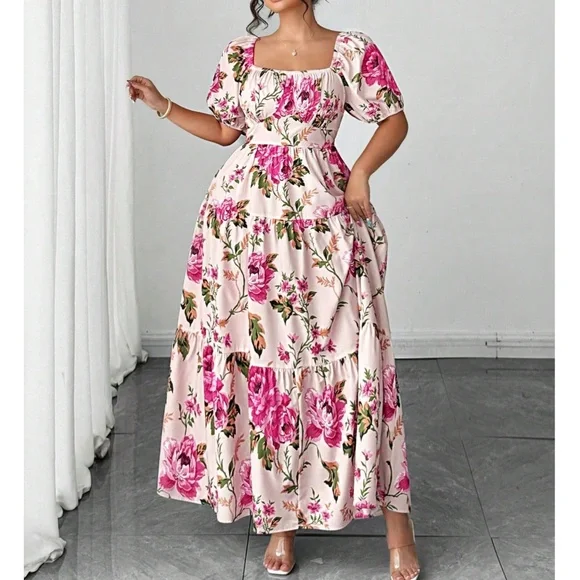 Plus Floral Print Puff Sleeve Ruffle Hem Maxi Dress